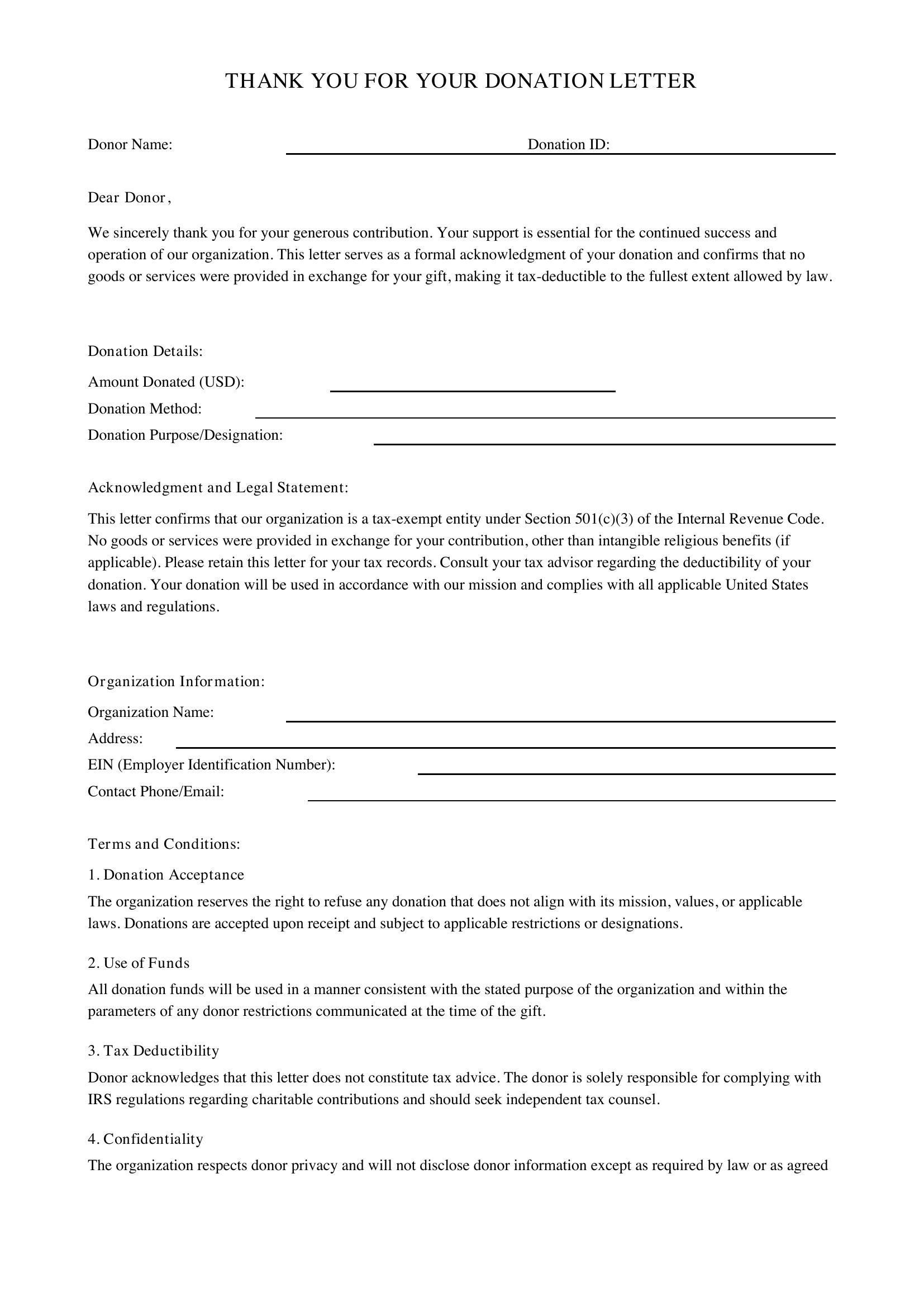 Thank You For Your Donation Letter Template - US