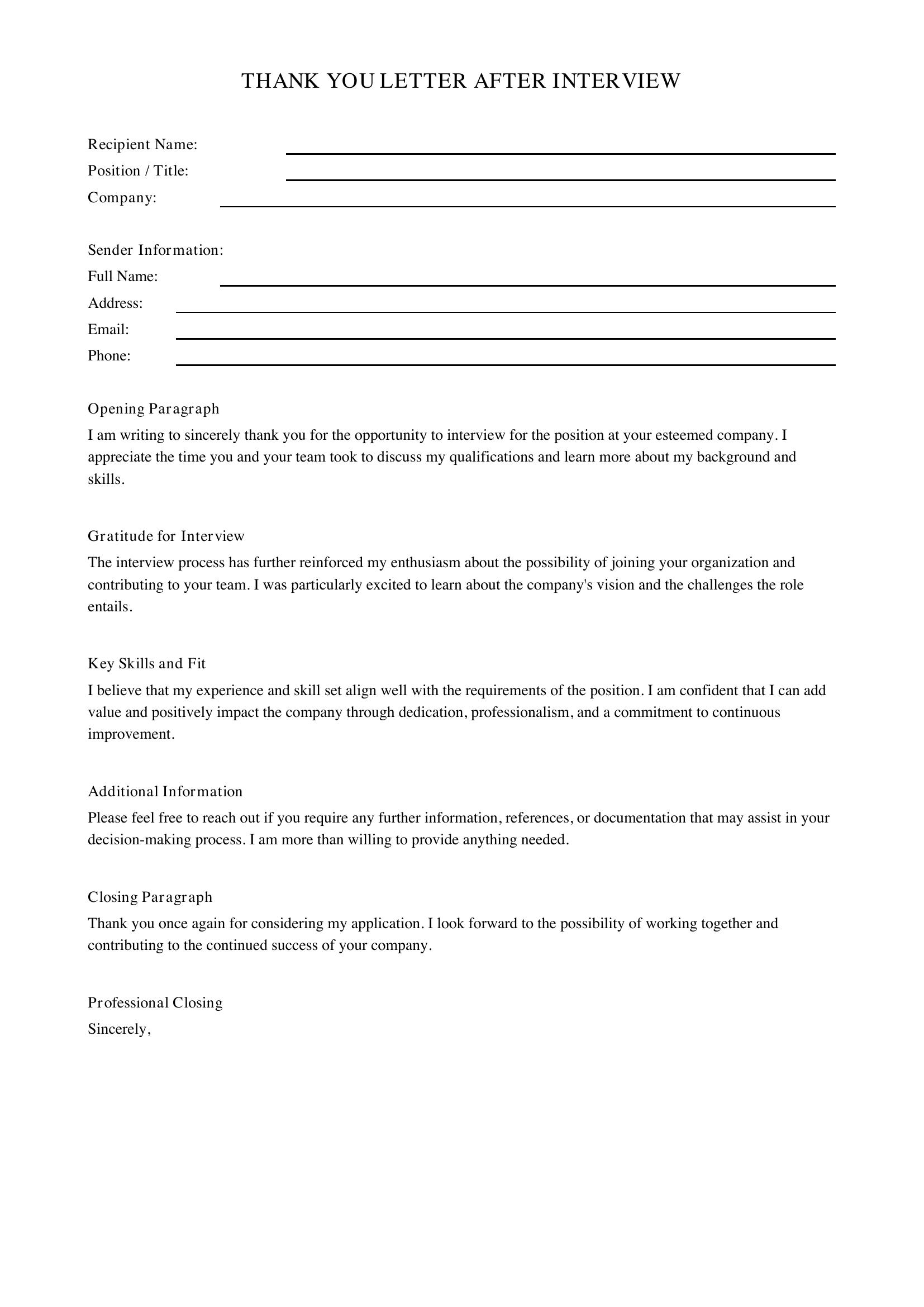 Thank You Letter After Interview Template - US