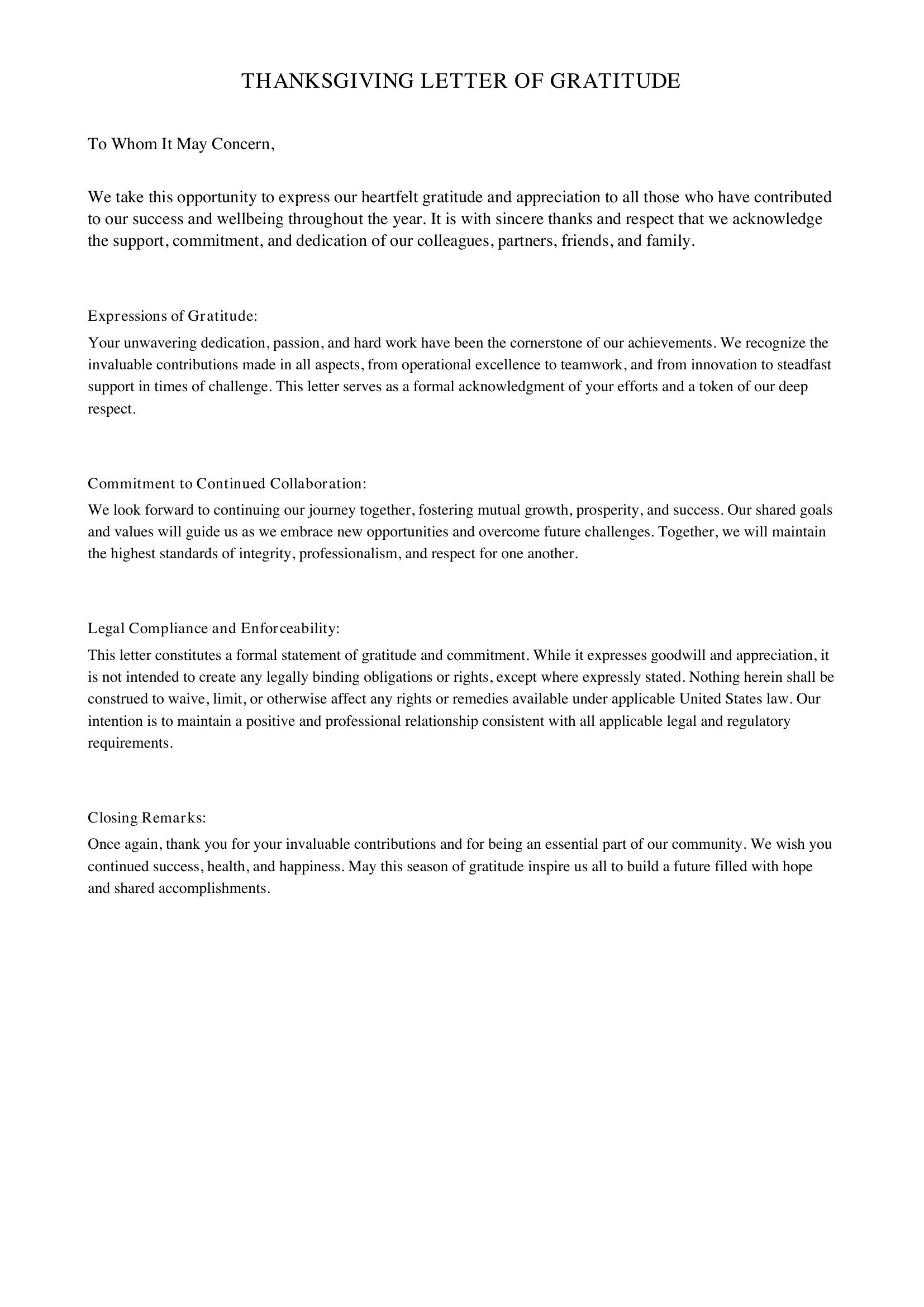 Thanksgiving Letter Template - US