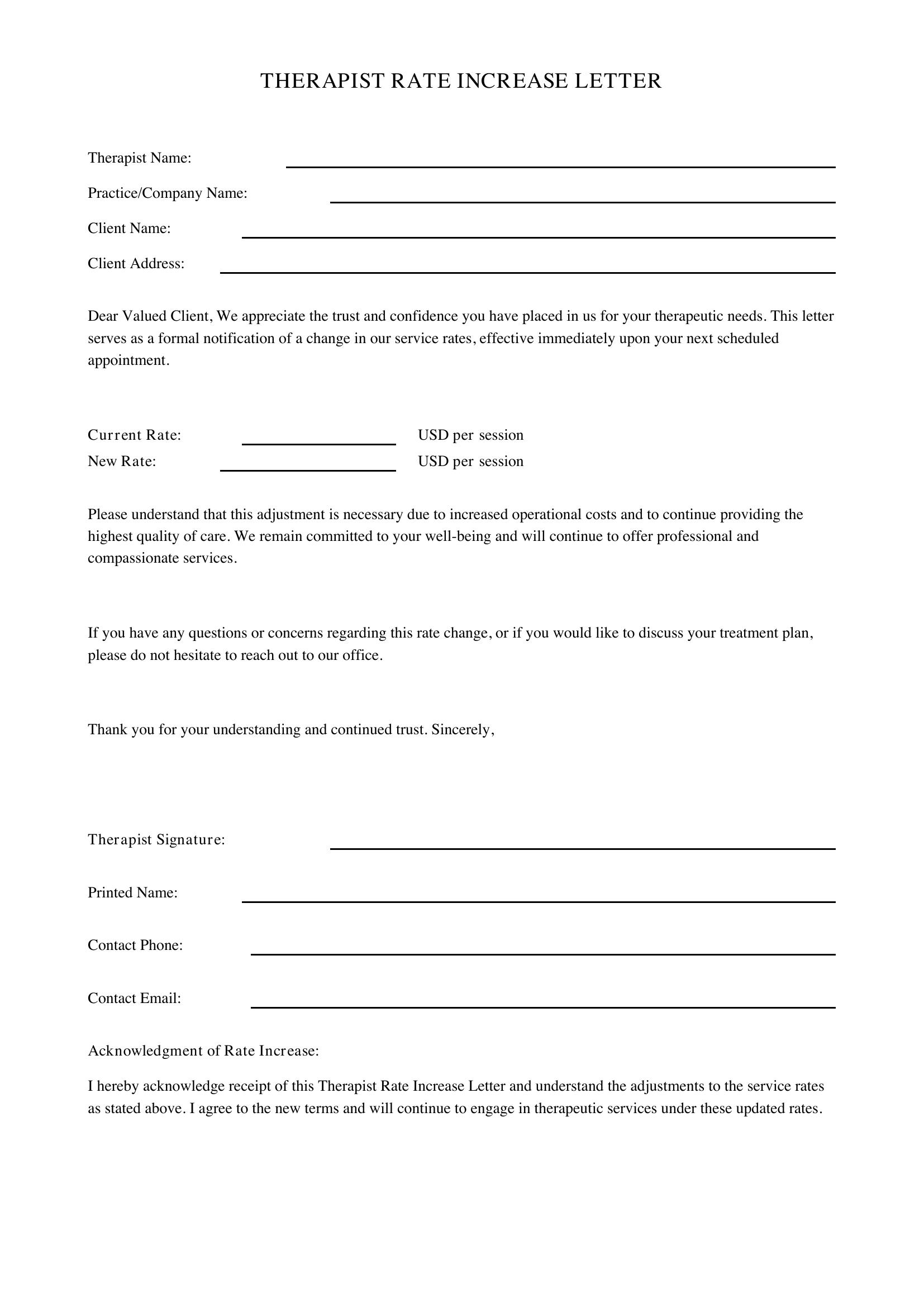 Therapist Rate Increase Letter Template - US