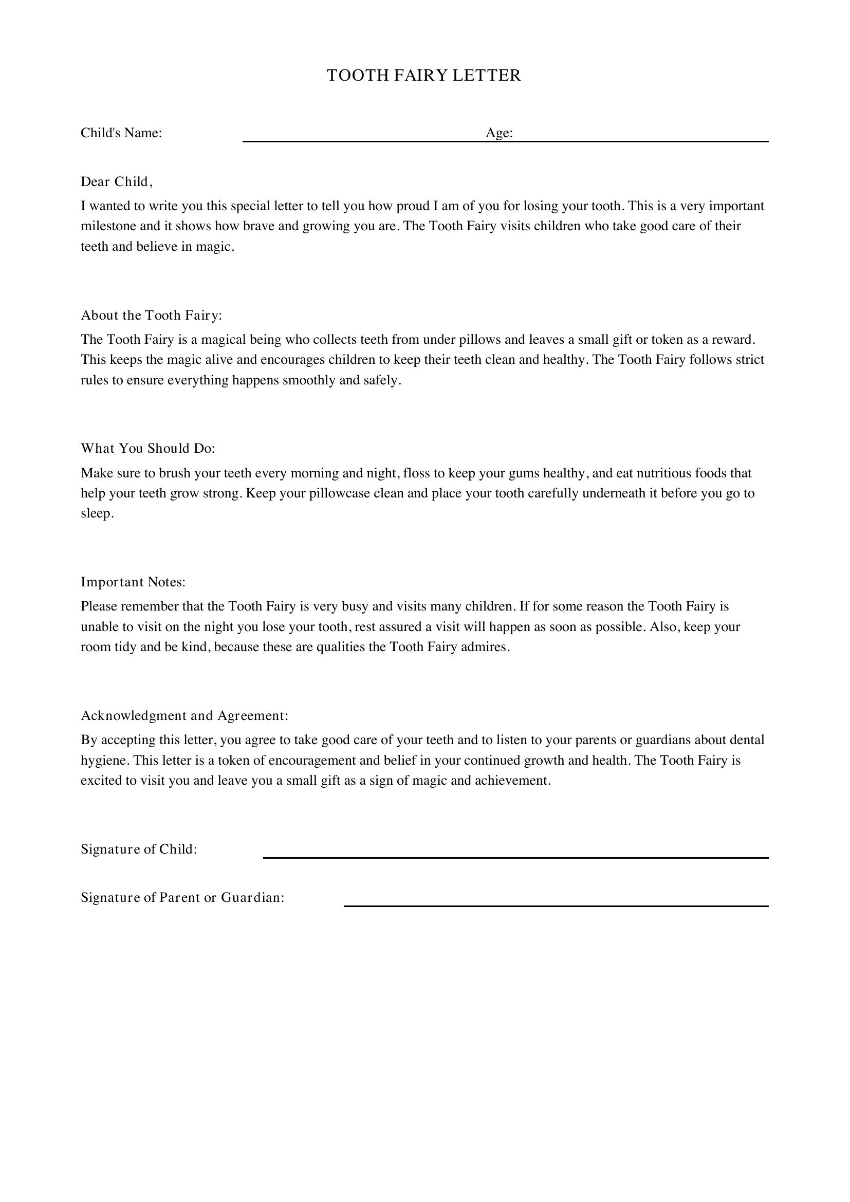 Tooth Fairy Letter Template - US