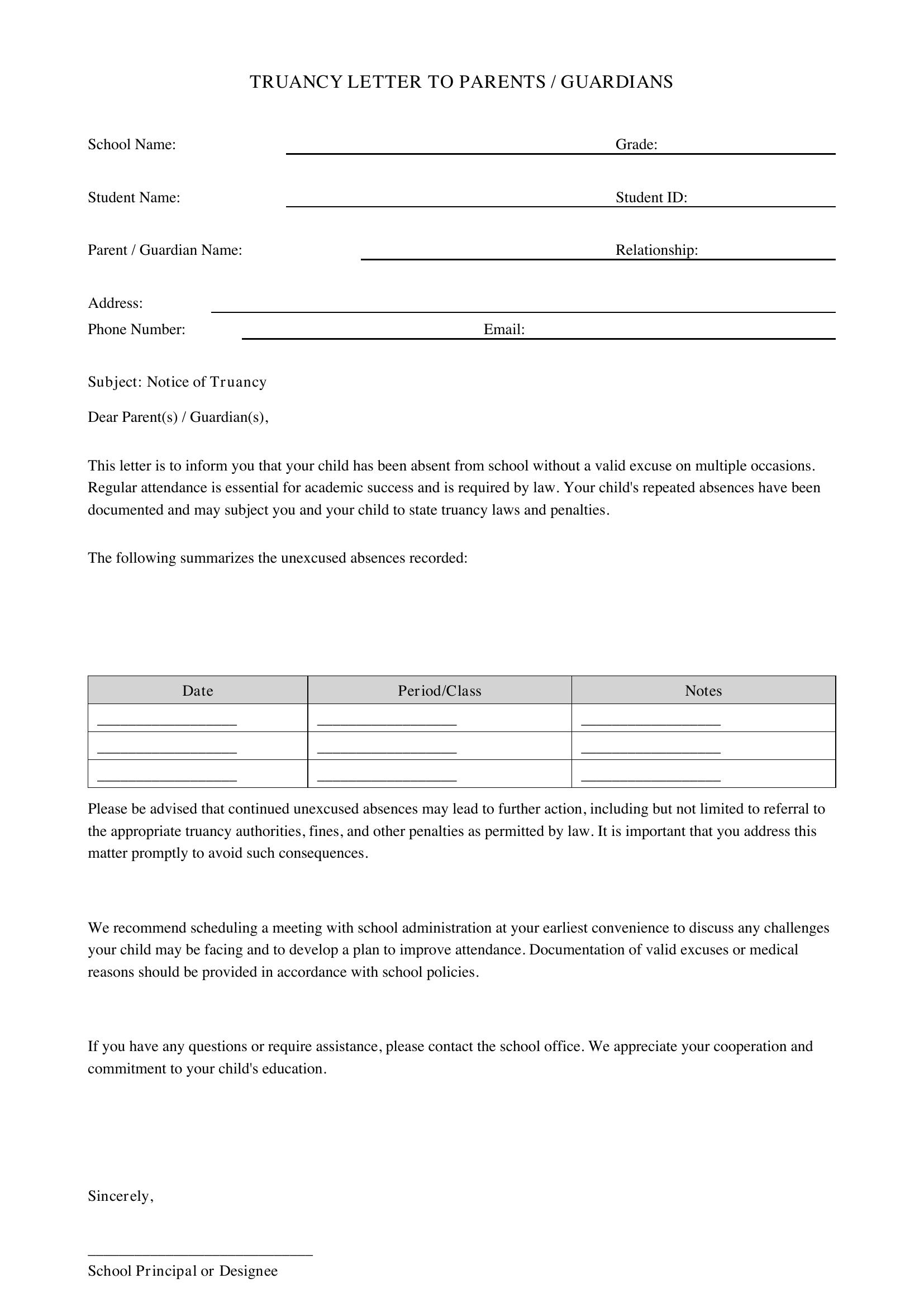 Truancy Letter To Parents Template - US