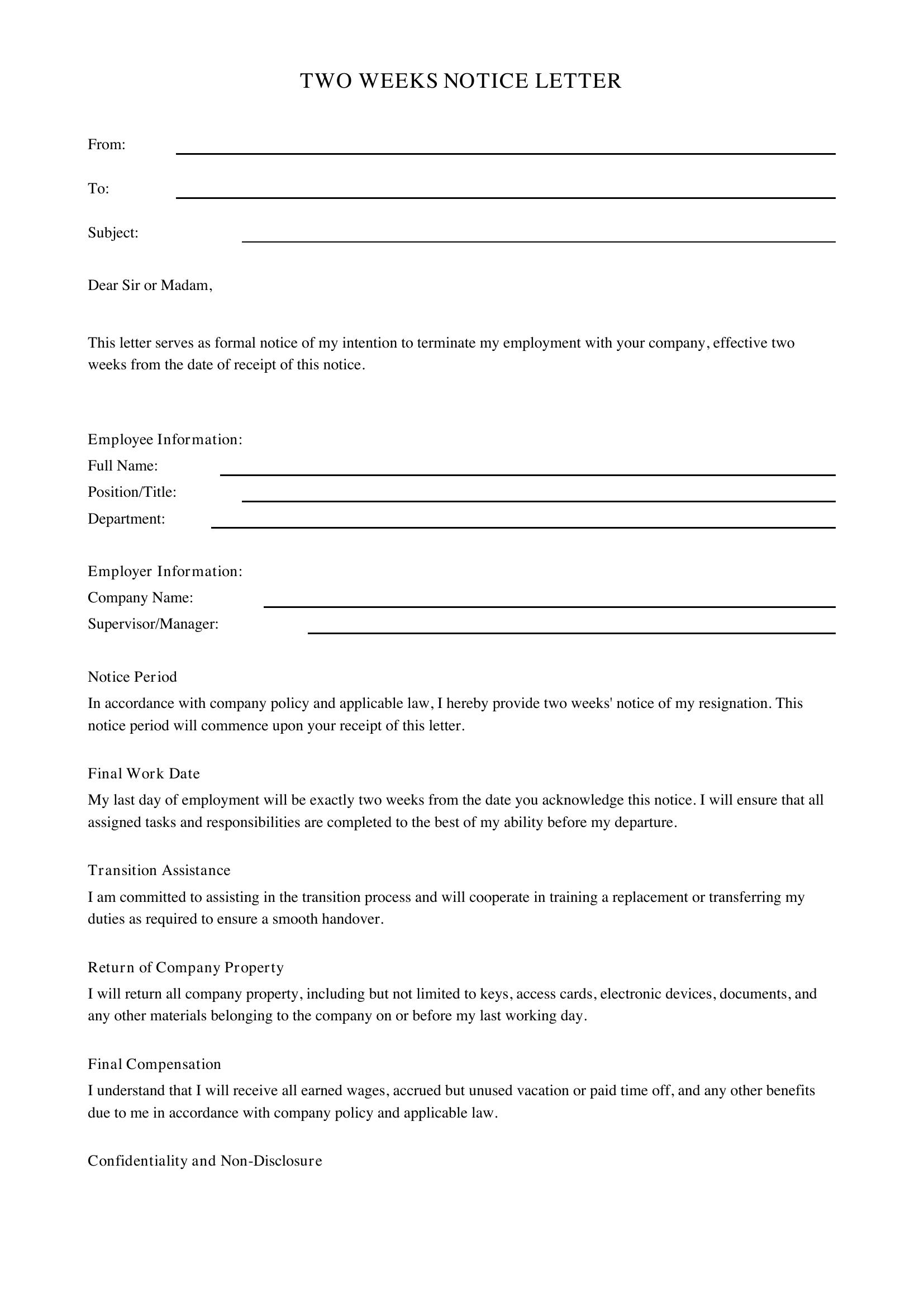 Two Weeks Letter Template - US