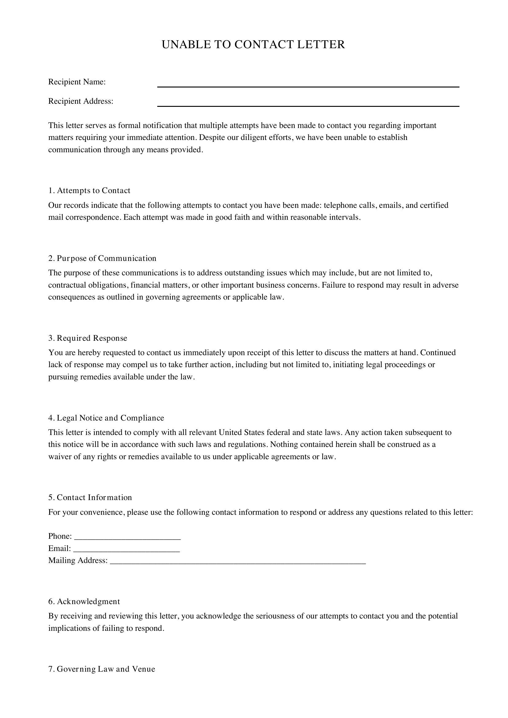 Unable To Contact Letter Template - US