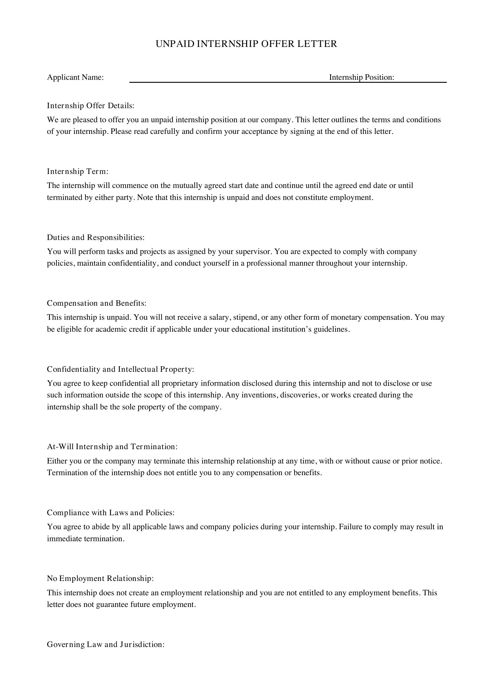 Unpaid Internship Offer Letter Template - US