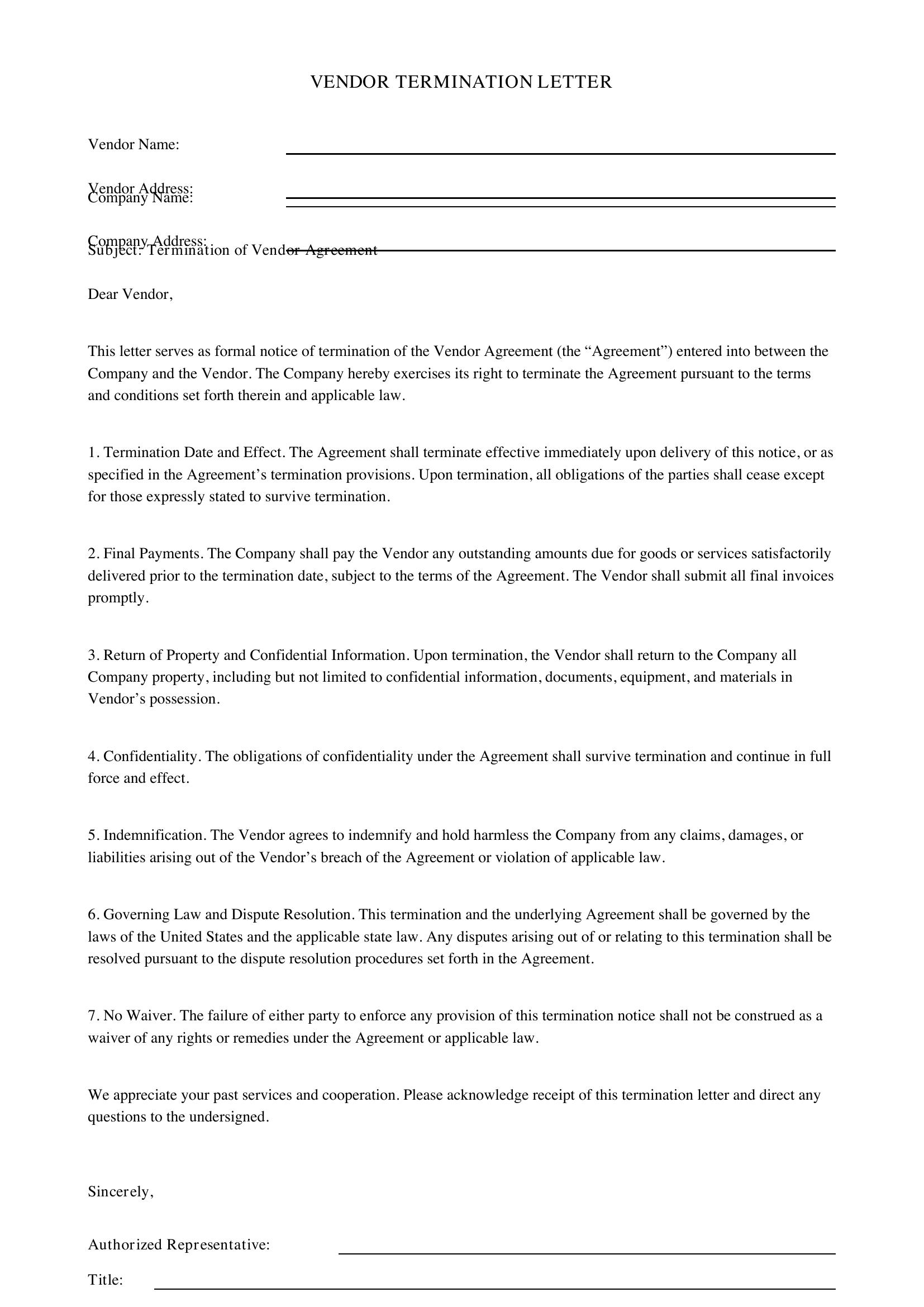 Vendor Termination Letter Template - US