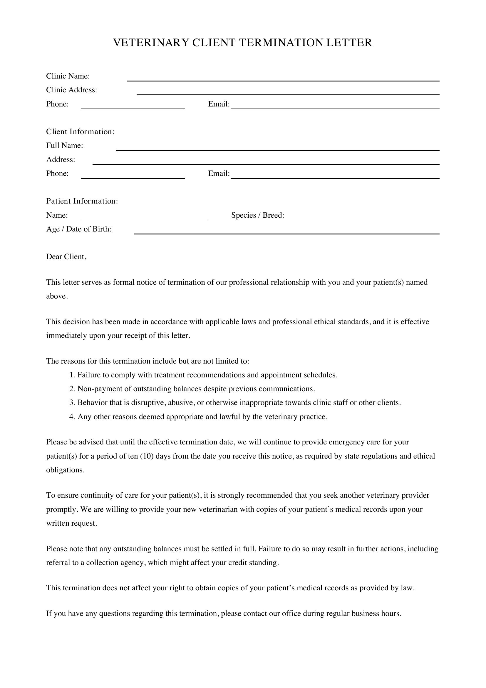 Veterinary Client Termination Letter Template - US