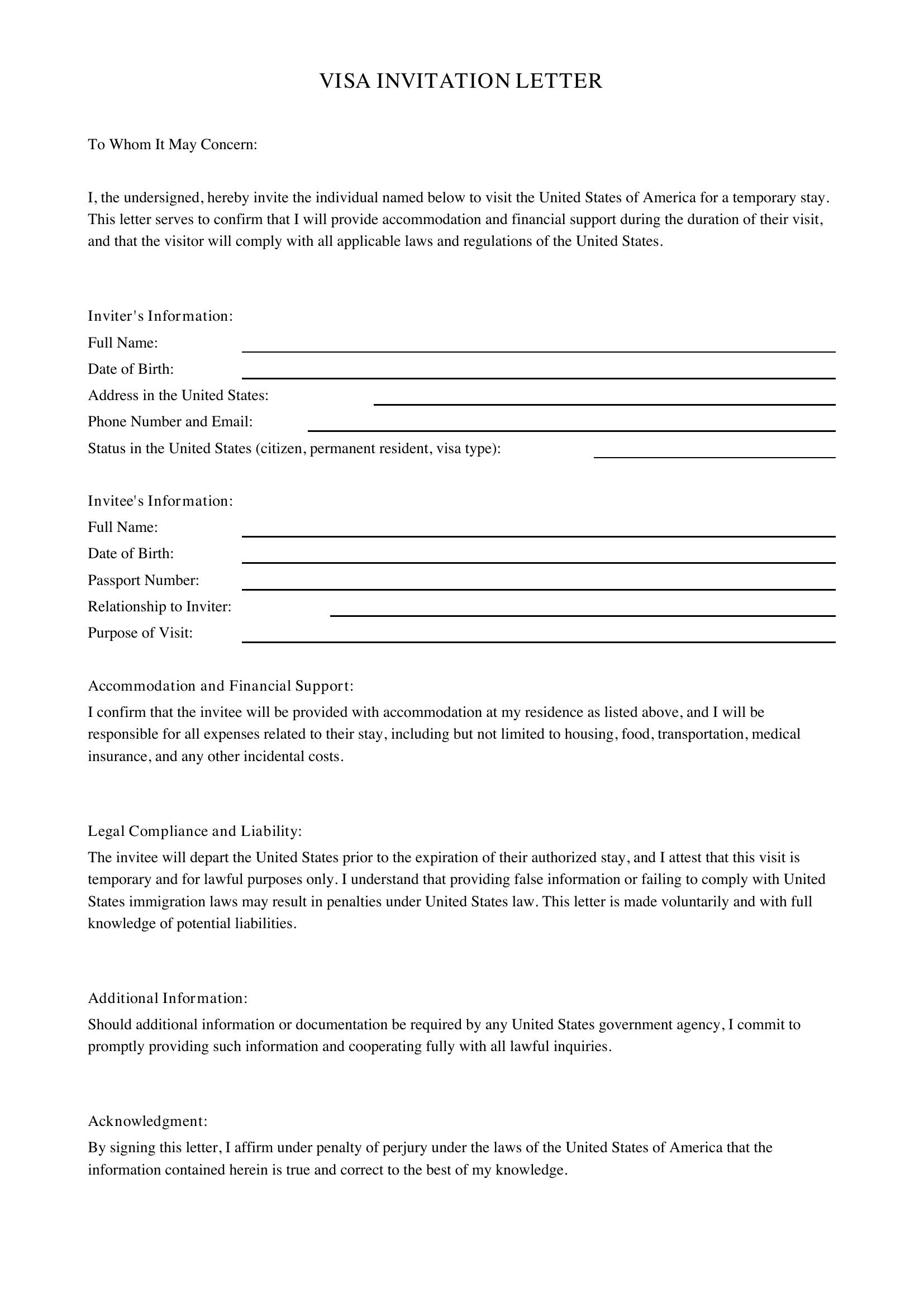 Visa Invitation Letter Template - US