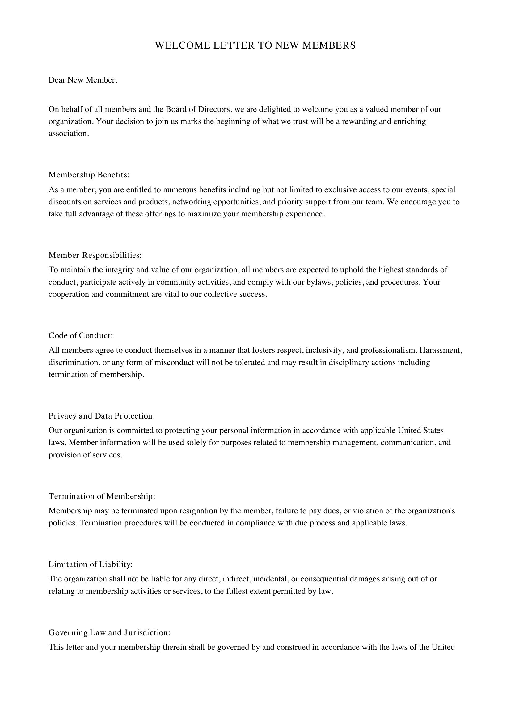 Welcome Letter To New Members Template - US
