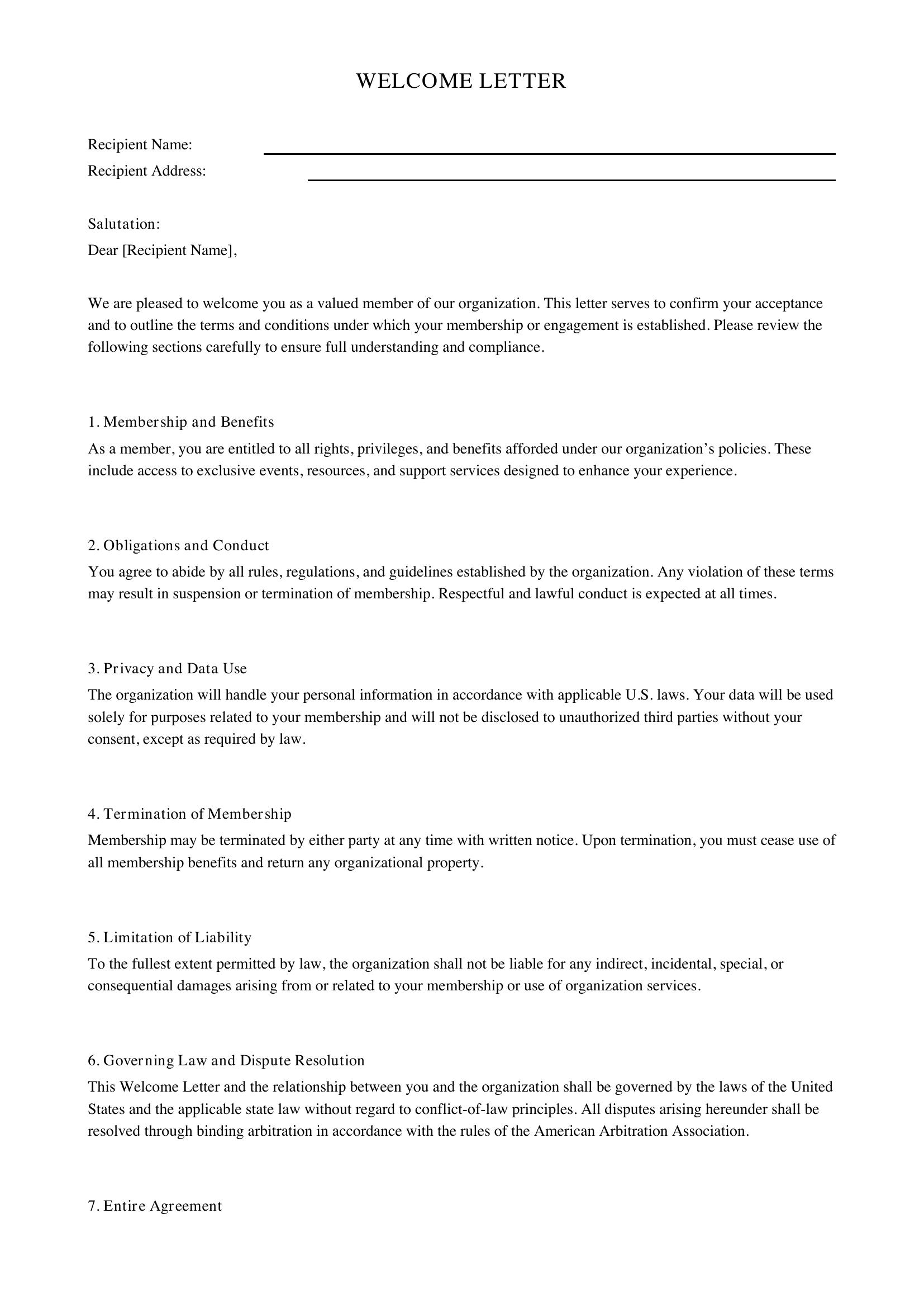 Welcome Letter Template - US