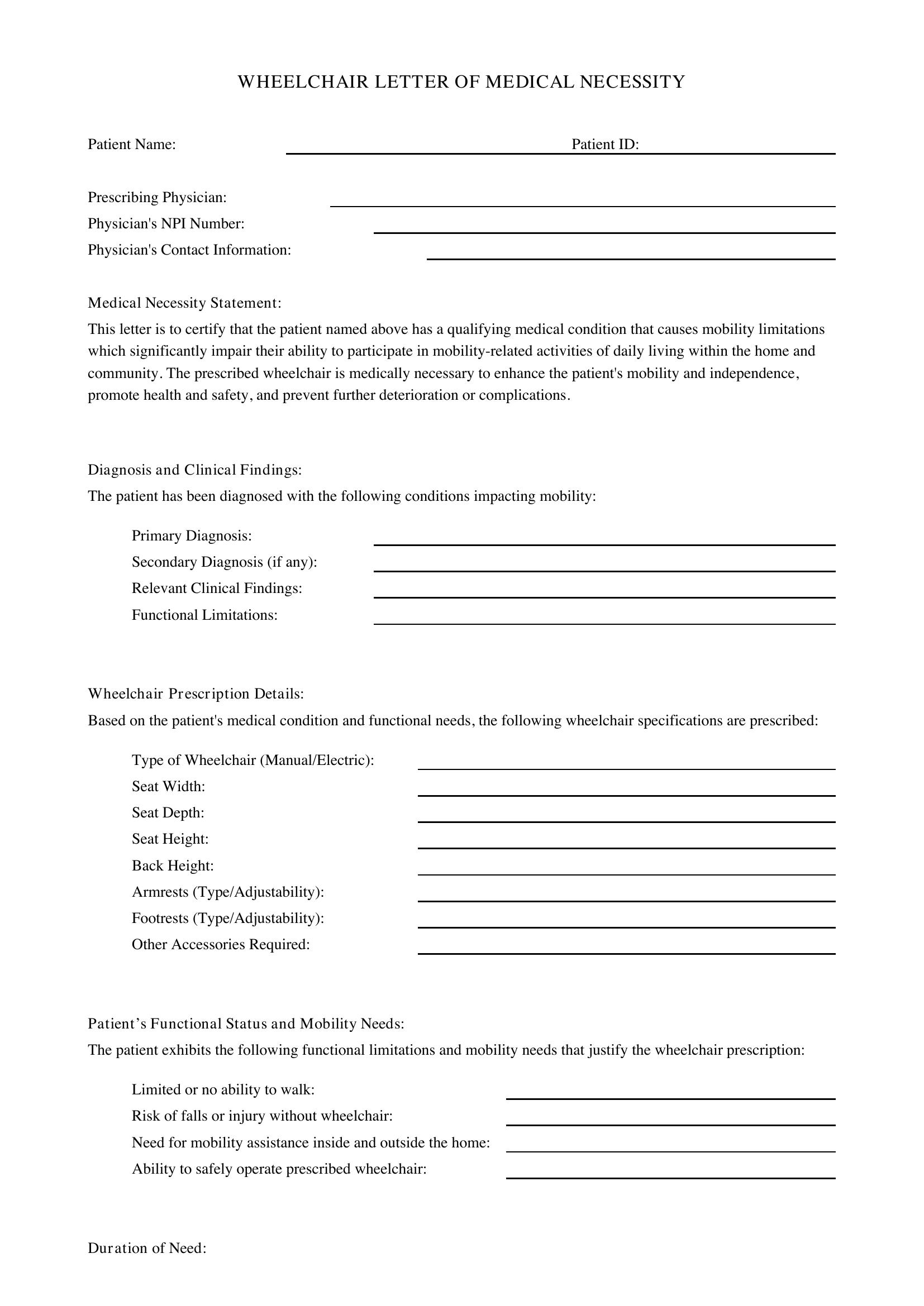 Wheelchair Letter Of Medical Necessity Template - US