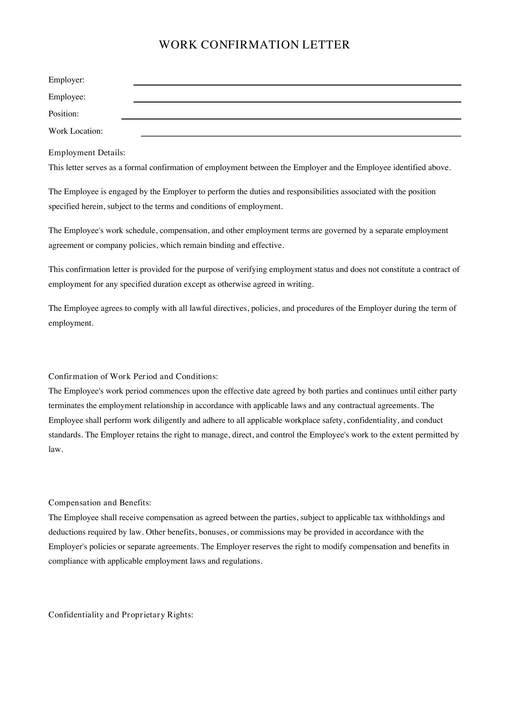 Work Confirmation Letter Template - US