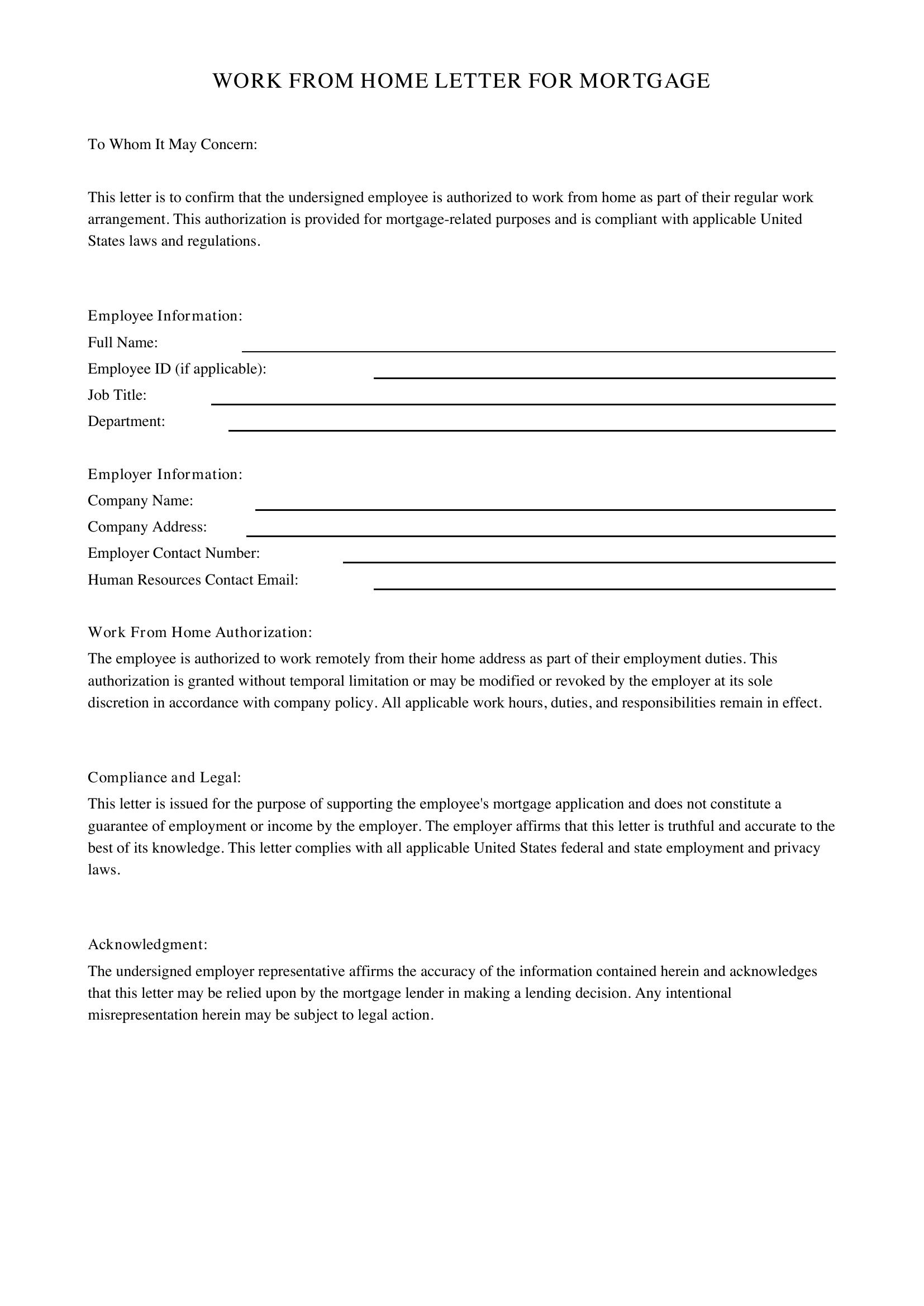 Work From Home Letter For Mortgage Template - US