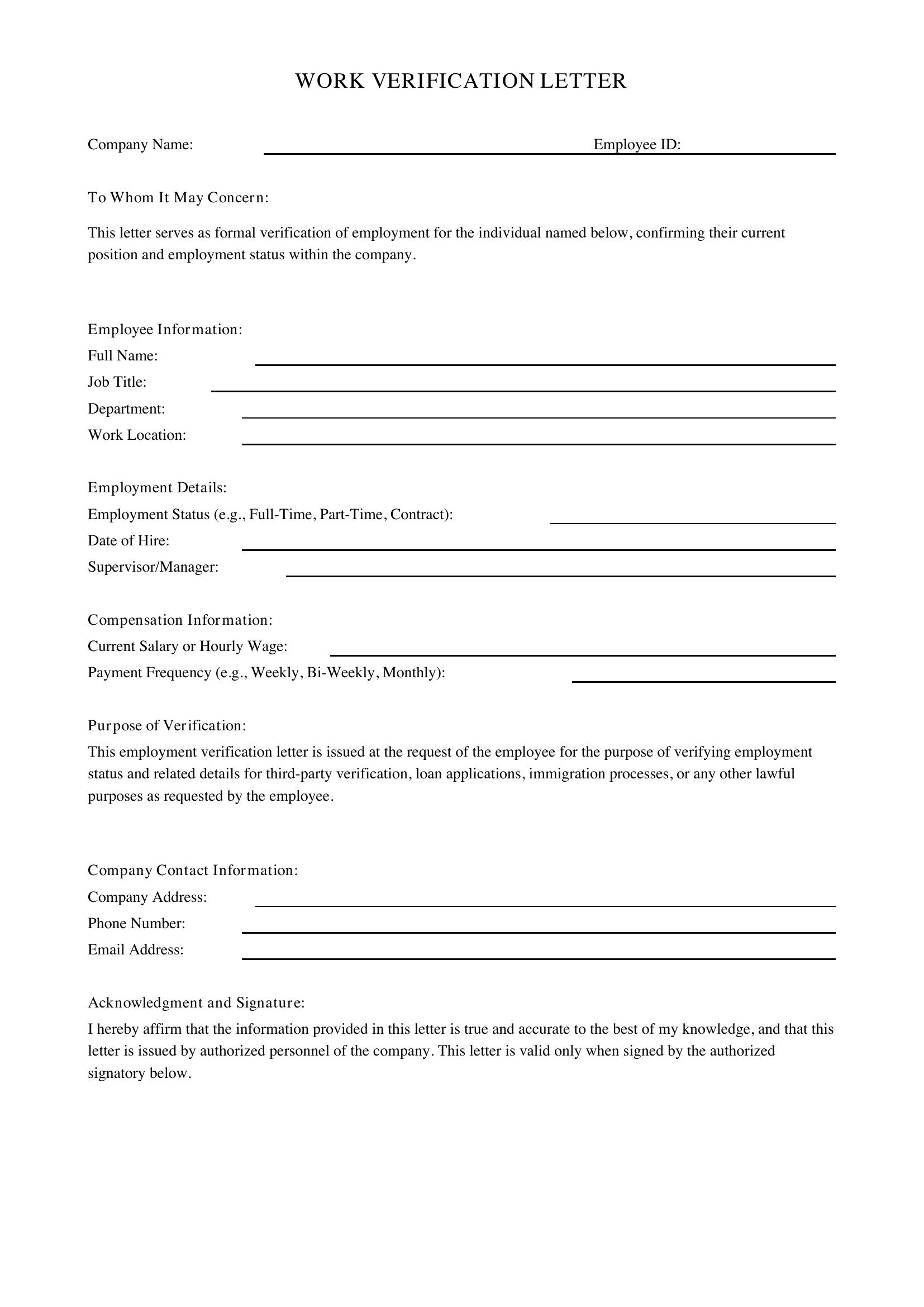 Work Verification Letter Template - US